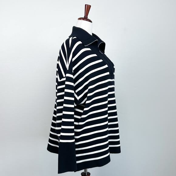 Elie Tahari Navy Stripe Zip Mock Neck Pullover Sweater - Picture 5 of 8